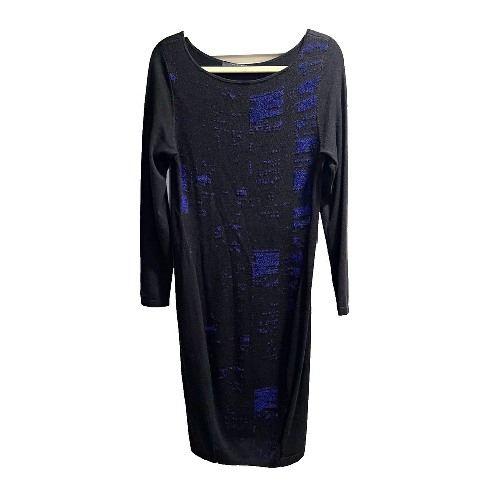 Elie Tahari Women's L Black/Blue Sheath Sweater Dress Stretch 36" Chest Midi
